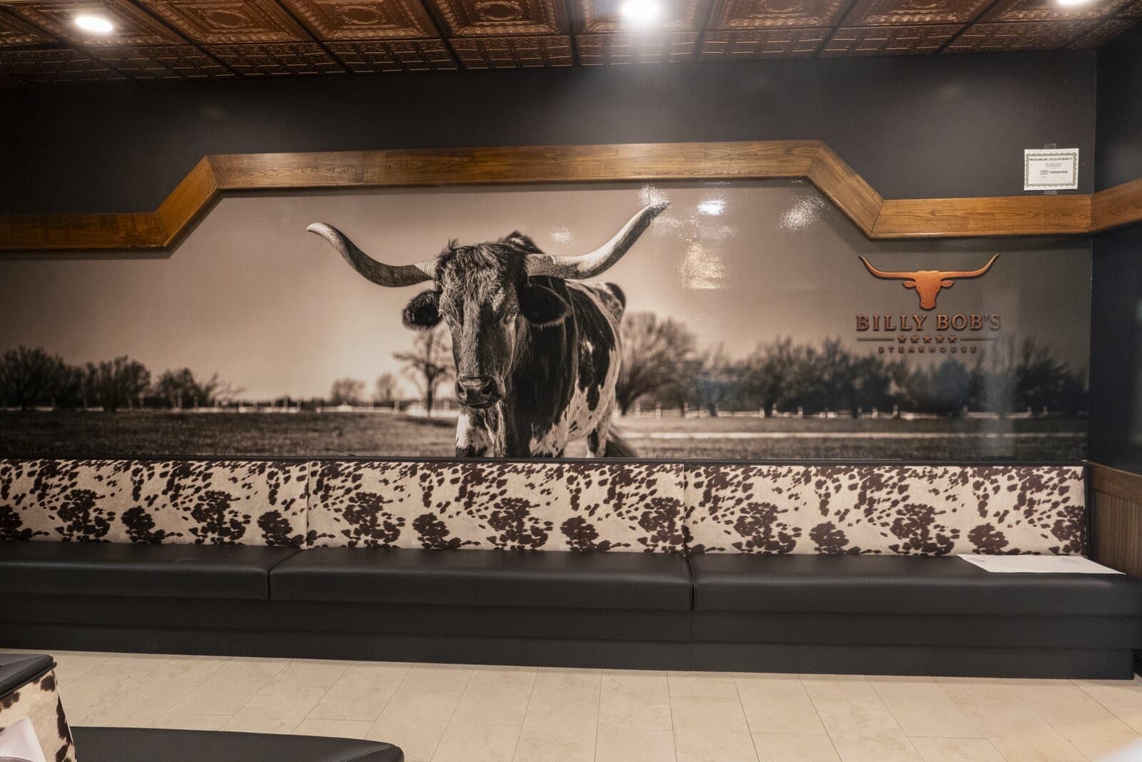The longhorn mural above the cowhide banquette